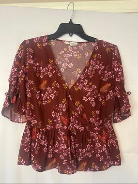 Madewell Maroon Floral Wrap Blouse